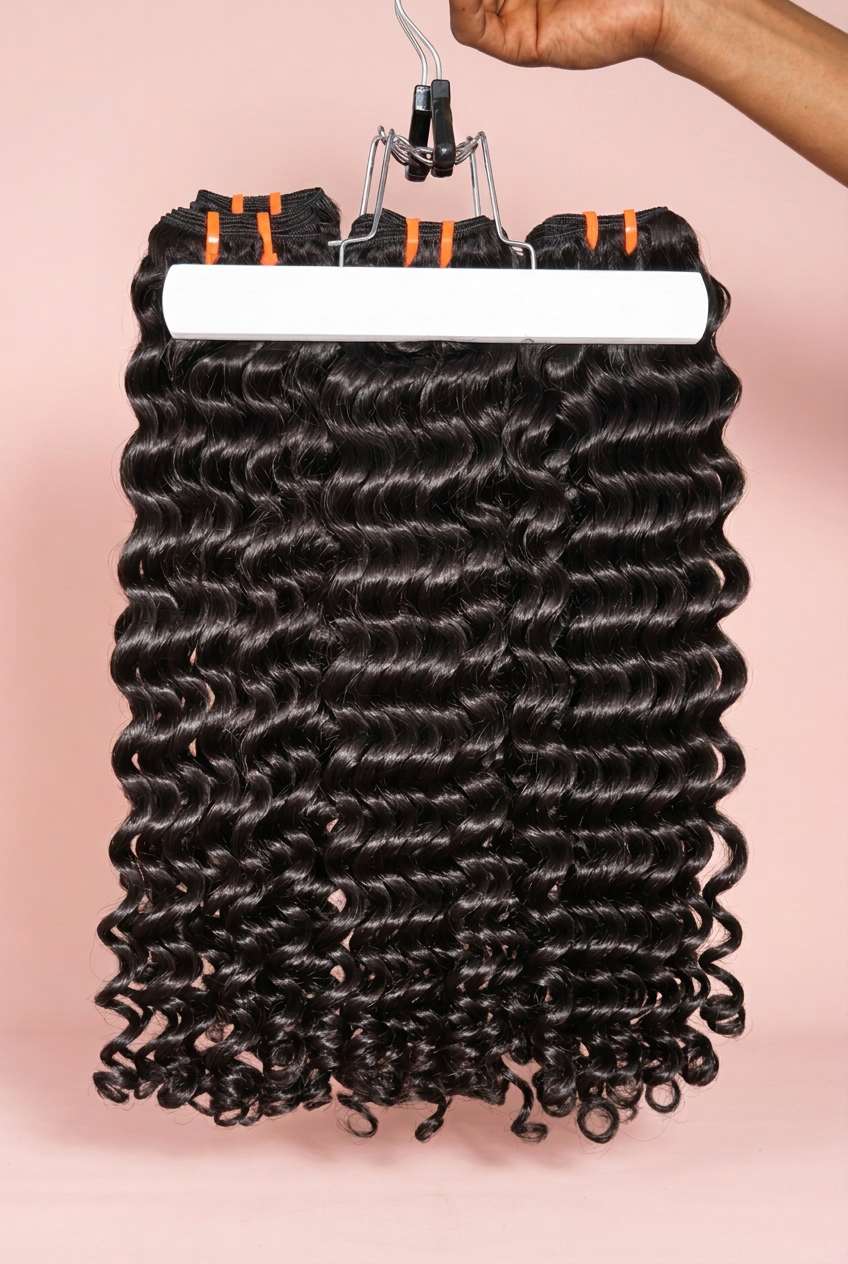 Deep wave bundles with brown hand and pink background