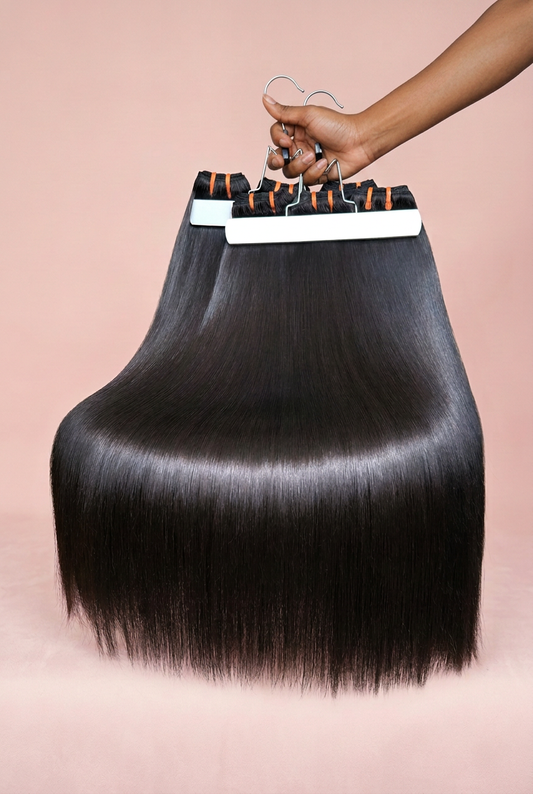 Straight bundles with brown hand and pink background